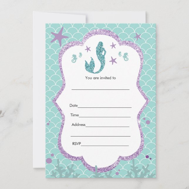 Invitation de sirène à remplir de paillettes viole (Devant)