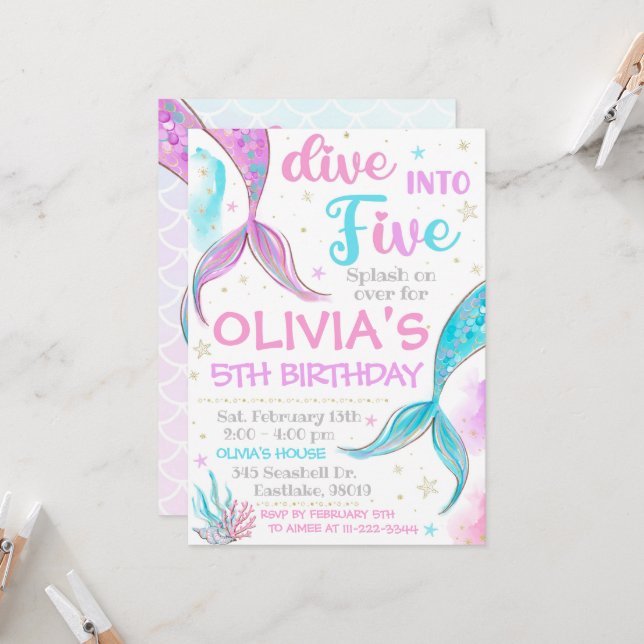 Invitation de Sirène Mermaid Invitation 5e anniver (Devant/Arrière en situation)