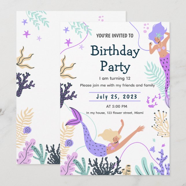 Invitation de sirène pour un anniversaire sous la  (Devant / Derrière)
