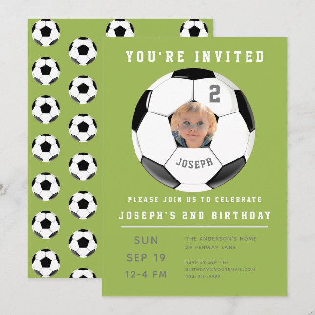 Invitation de soccer photo verte deuxième annivers (Devant / Derrière)