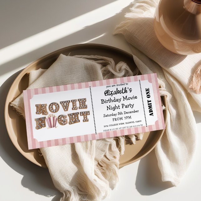 Invitation de soirée cinéma pour anniversaire rose (Créateur téléchargé)