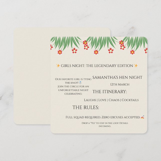 Invitation de soirée de célibataire tropicale – Fe (Devant / Derrière)