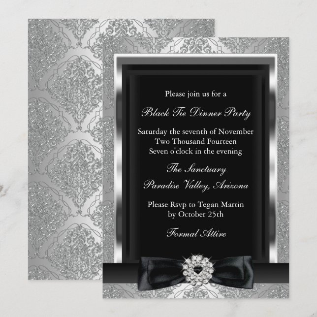 Invitation de soirée de gala Damask & Bow en noir (Devant / Derrière)