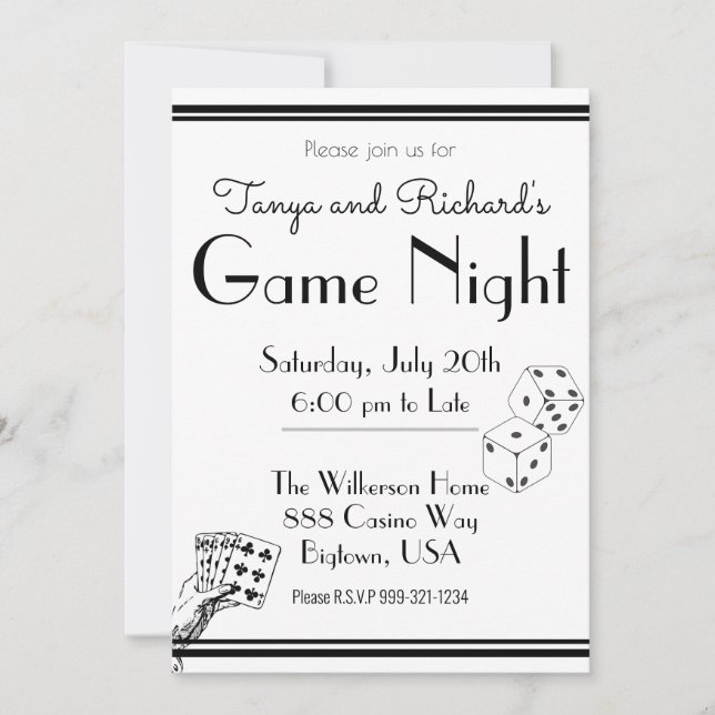 Invitation de soirée de jeu rétro noir et blanc (Devant)