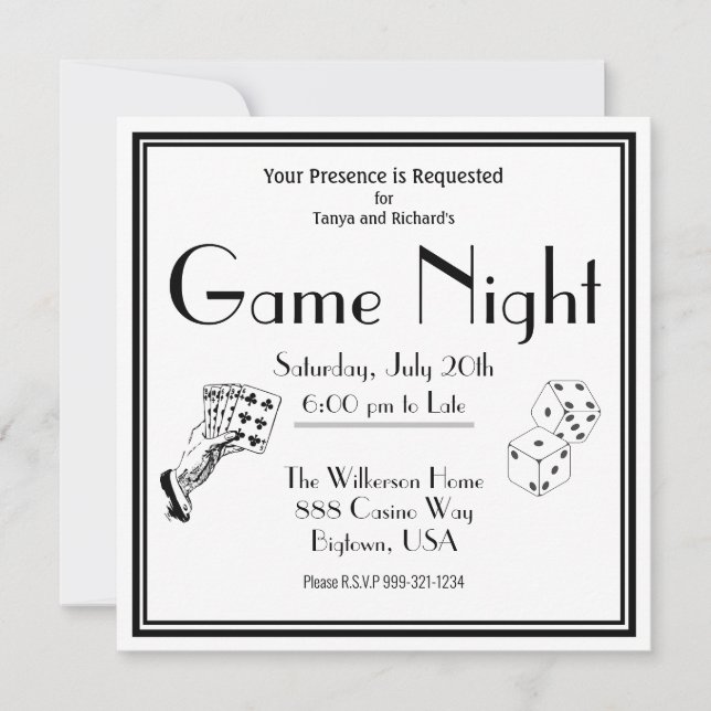Invitation de soirée de jeux noir et blanc (Devant)