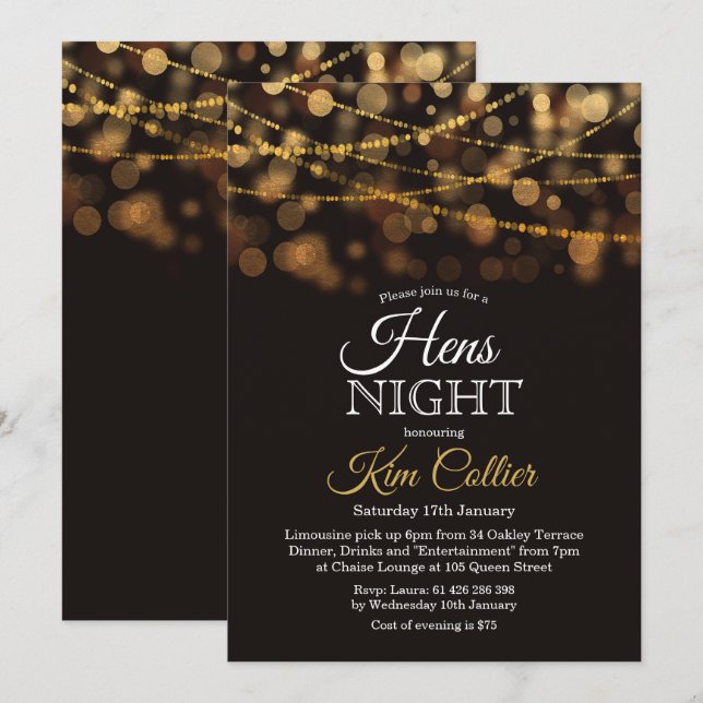 Invitation de soirée de poules lumières scintillan (Devant / Derrière)