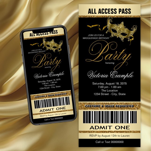 Invitation de style de billet de Mascarade de l'Or (Black gold masquerade party invitation. Instant download and printed invitations available.)