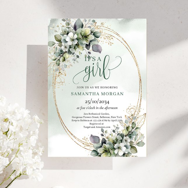 Invitation de style verdure verte poussiéreuse C'e ( Dusty Green Greenery Style It’s A Girl Invitation)