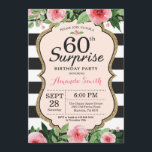 Invitation de surprise 60e anniversaire Femmes flo<br><div class="desc">Invitation surprise 60e anniversaire pour les femmes. Invitation de la fête d'anniversaire Black and Gold. Parties scintillant d'or. Fleur florale d'aquarelle rose. Grandes taches noires et blanches. Numérique imprimable.
Pour plus de personnalisation,  cliquez sur le bouton "Customiser" et utilisez notre outil de conception pour modifier ce modèle.</div>
