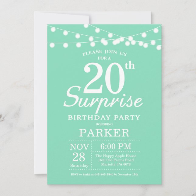 Invitation de surprise d'anniversaire 20 ans vert  (Devant)