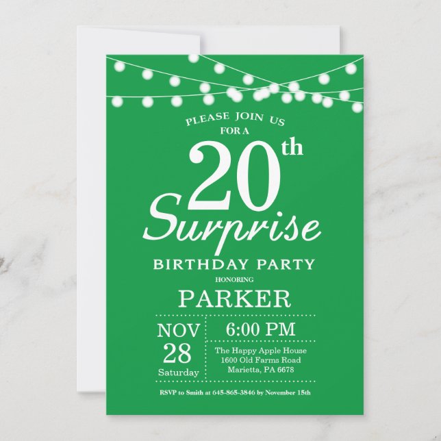Invitation de surprise d'anniversaire 20 ans Vert (Devant)