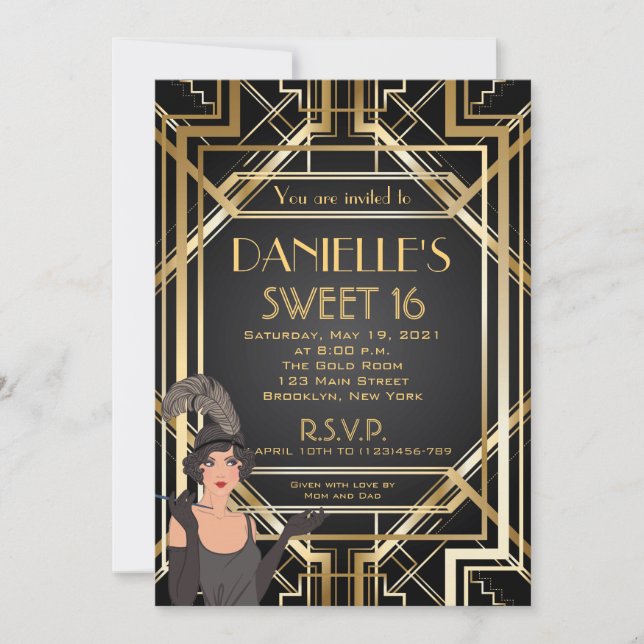 Invitation de Sweet 16 Art Déco inspirée du Gatsby (Devant)