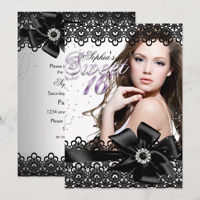 Invitation de Sweet 16 en dentelle violette noire  (Devant / Derrière)