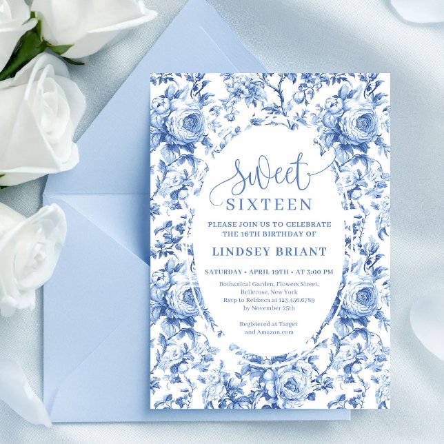 Invitation de Sweet 16 Téléchargement Numérique Ch (Chic Navy Roses Digital Download Sweet 16 Invite)