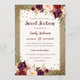 Invitation de Sweet sixteen à fleurs bordeaux doré