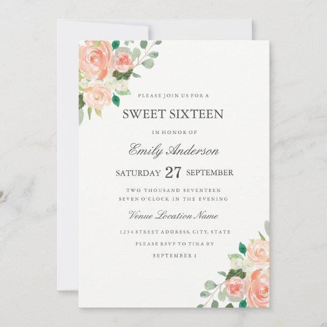 Invitation de Sweet sixteen d'aquarelle florale de (Devant)