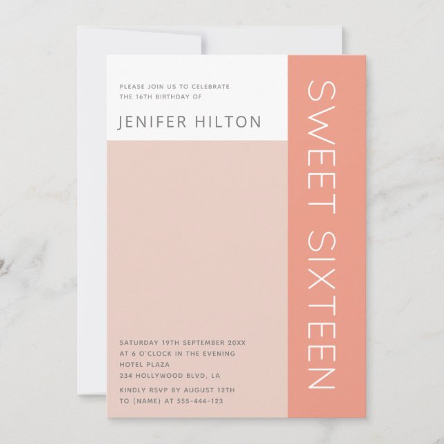 Invitation de sweet sixteen de bloc de couleur sim (Devant)