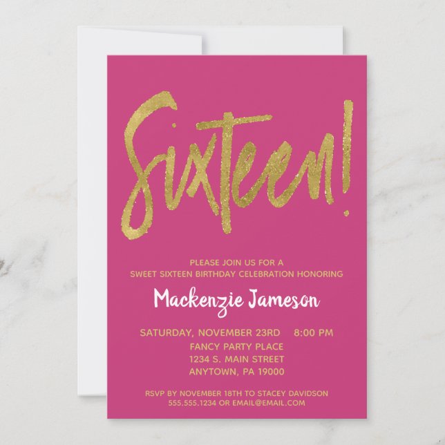 Invitation de Sweet sixteen de  de script en or ro (Devant)