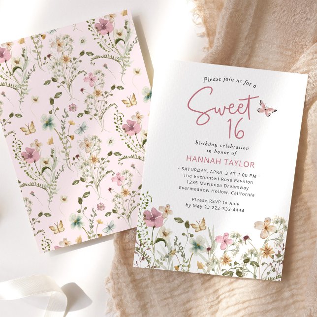 Invitation de Sweet sixteen de Fleur sauvage rose (Créateur téléchargé)