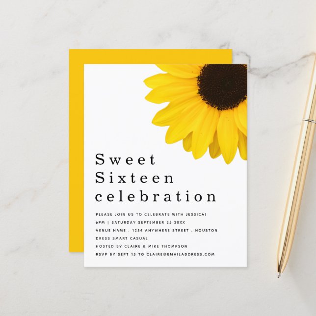Invitation de Sweet sixteen de tournesol jaune bud (Devant/Arrière en situation)