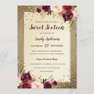 Invitation de Sweet sixteen d'or Sparkle à fleurs