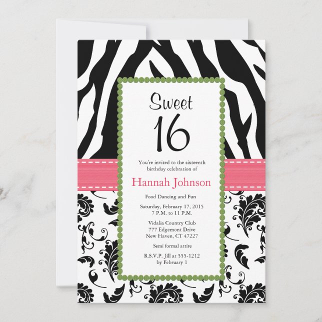 Invitation de Sweet sixteen en papier noir rose Ze (Devant)