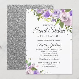 Invitation de Sweet sixteen Floral argenté violet