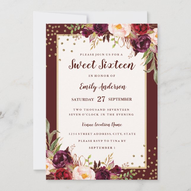 Invitation de Sweet sixteen floral bourguignon (Devant)