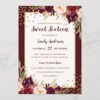 Invitation de Sweet sixteen floral bourguignon