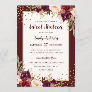 Invitation de Sweet sixteen floral bourguignon