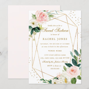 Invitation de Sweet Sixteen Florale en Blush Doré