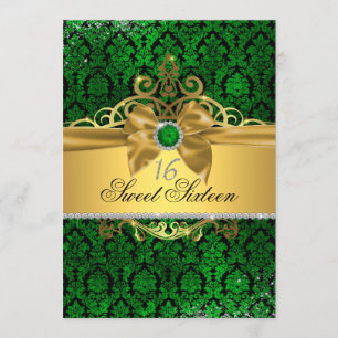 Invitation de Sweet sixteen Gold Green Damask