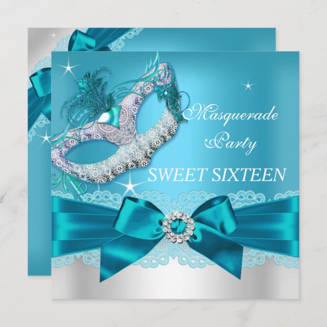 Invitation de Sweet sixteen mascarade turquoise Bl (Devant / Derrière)