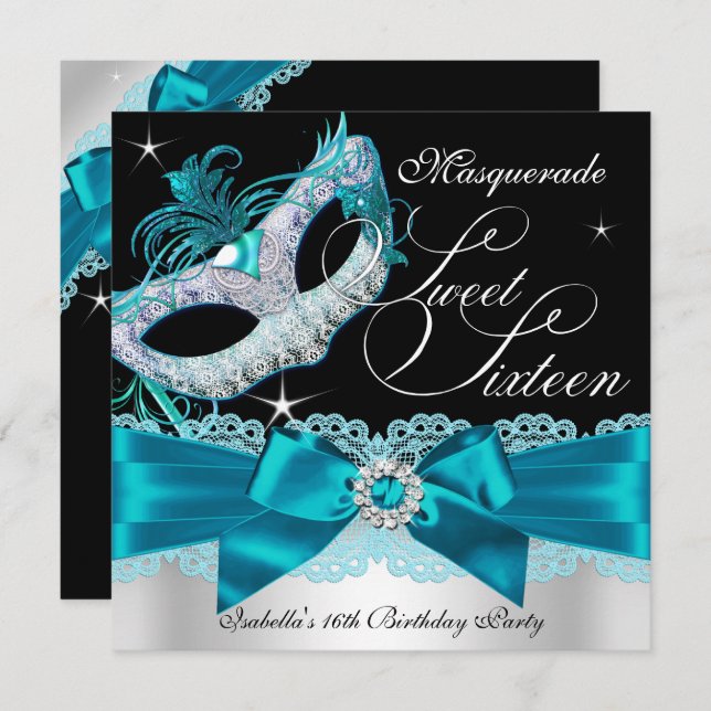 Invitation de Sweet sixteen masqué turquoise en ar (Devant / Derrière)