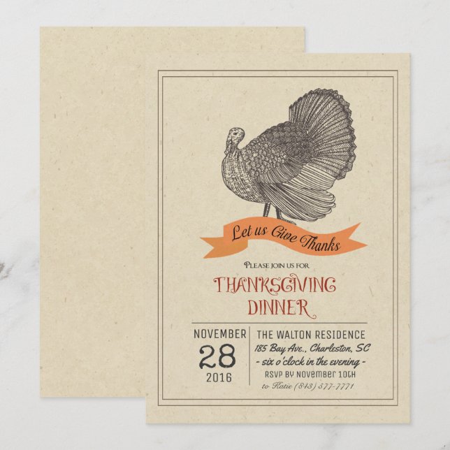 Invitation de Thanksgiving à la dinde vintage (Devant / Derrière)