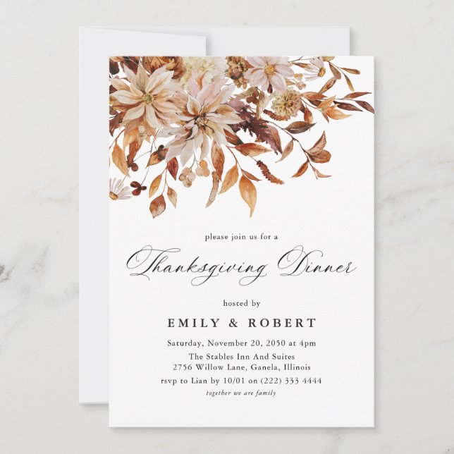 Invitation de Thanksgiving Florale Automnale Rusti (Devant)