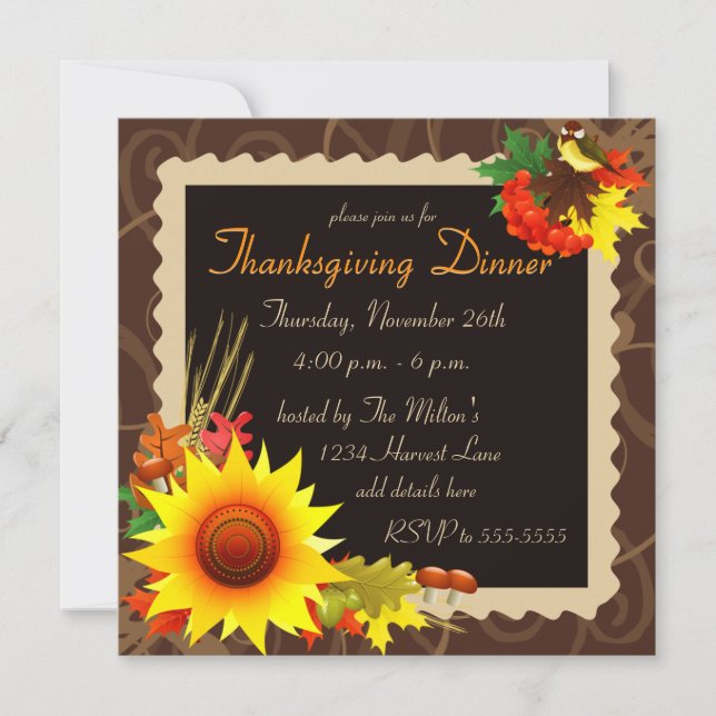 Invitation de Thanksgiving marron Fleur de soleil  (Devant)