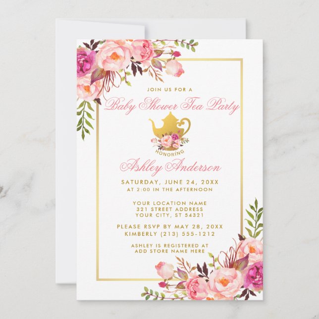Invitation de thé Baby shower rose Floral or (Devant)