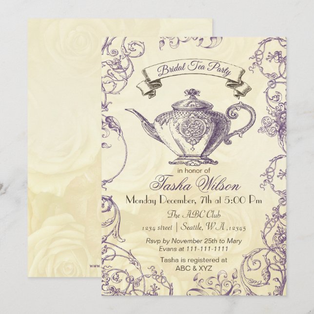 Invitation de thé vintage pour Roses d'ivoire viol (Devant / Derrière)