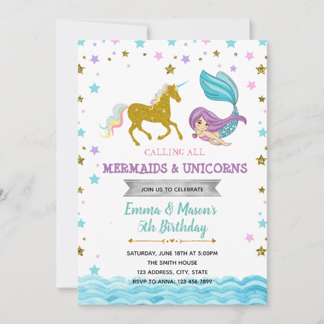 Invitation de thème de partie de licorne de sirène (Devant)
