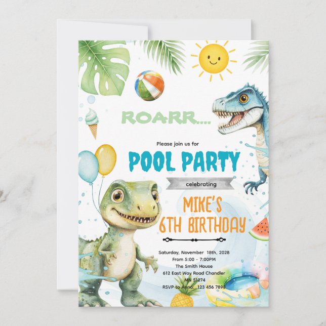 Invitation de thème de piscine de dinosaure mignon (Devant)