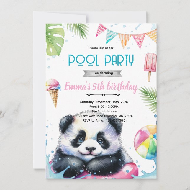 Invitation de thème de piscine de panda mignon (Devant)