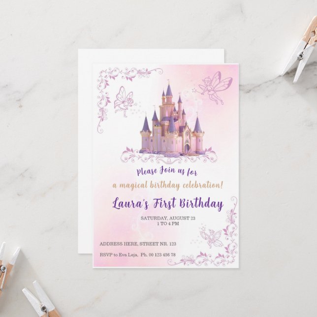 Invitation de thème petite princesse. Fête d'enfan (Devant/Arrière en situation)