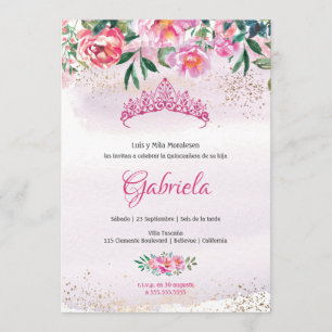 Invitation de Tiara Quinceanera, princesse rose él