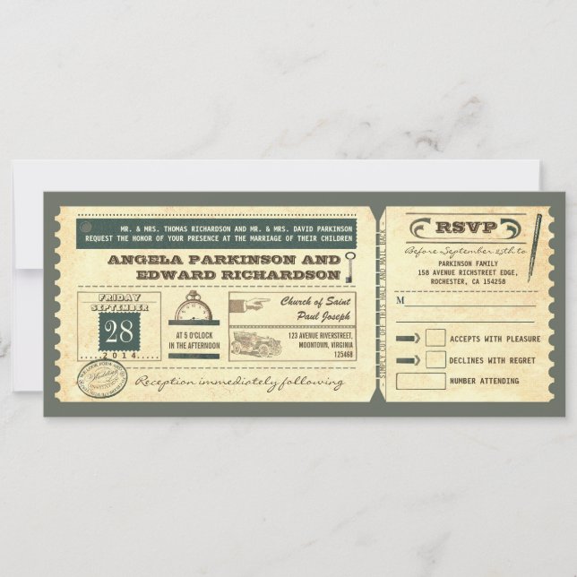 Invitation de ticket vintage mariage avec concepti (Devant)
