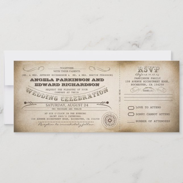 Invitation de ticket vintage mariage avec concepti (Devant)