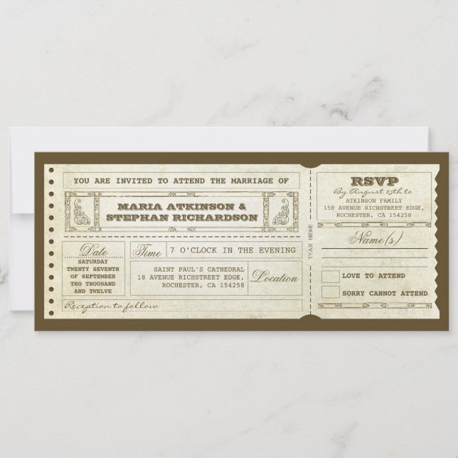 Invitation de ticket vintage mariage et conception (Devant)