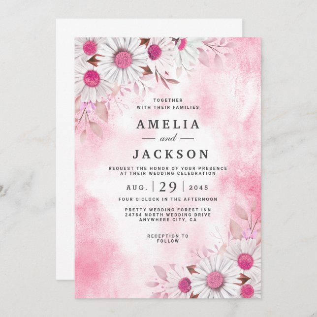 Invitation de TickMe Pink Daisy Florals (Devant / Derrière)