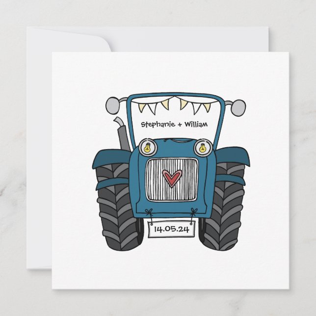 Invitation de tracteur bleu Mariage campagnard per (Devant)