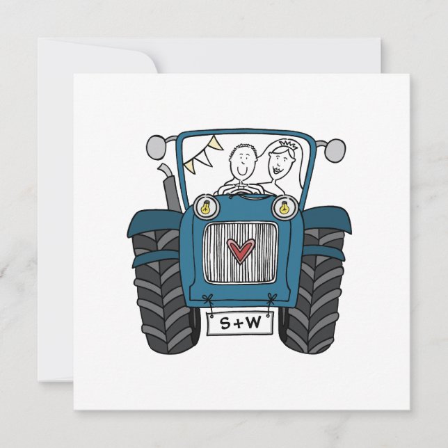 Invitation de tracteur bleu Mariage campagnard per (Devant)